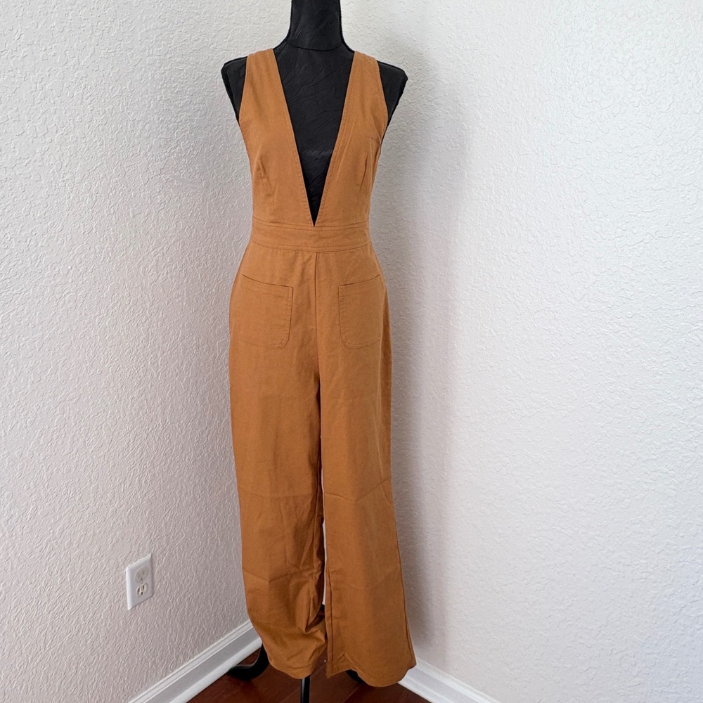 Sincerely Jules Jumpsuit Wide Leg Deep‎ V-Neck Women M Brown
